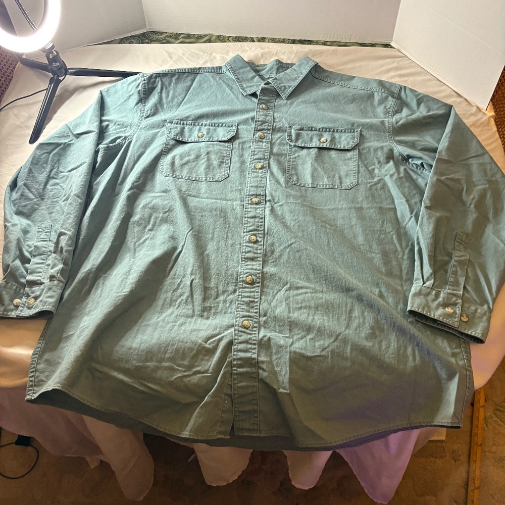 LL Bean Shirt Mens XLarge Green Sunwashed Canvas Button Up Outdoor Camp Hiking
